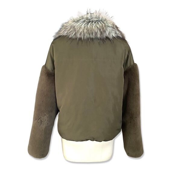 Adrienne Landau olive green faux fur nylon hooded army bomber jacket winter M - Picture 2 of 9